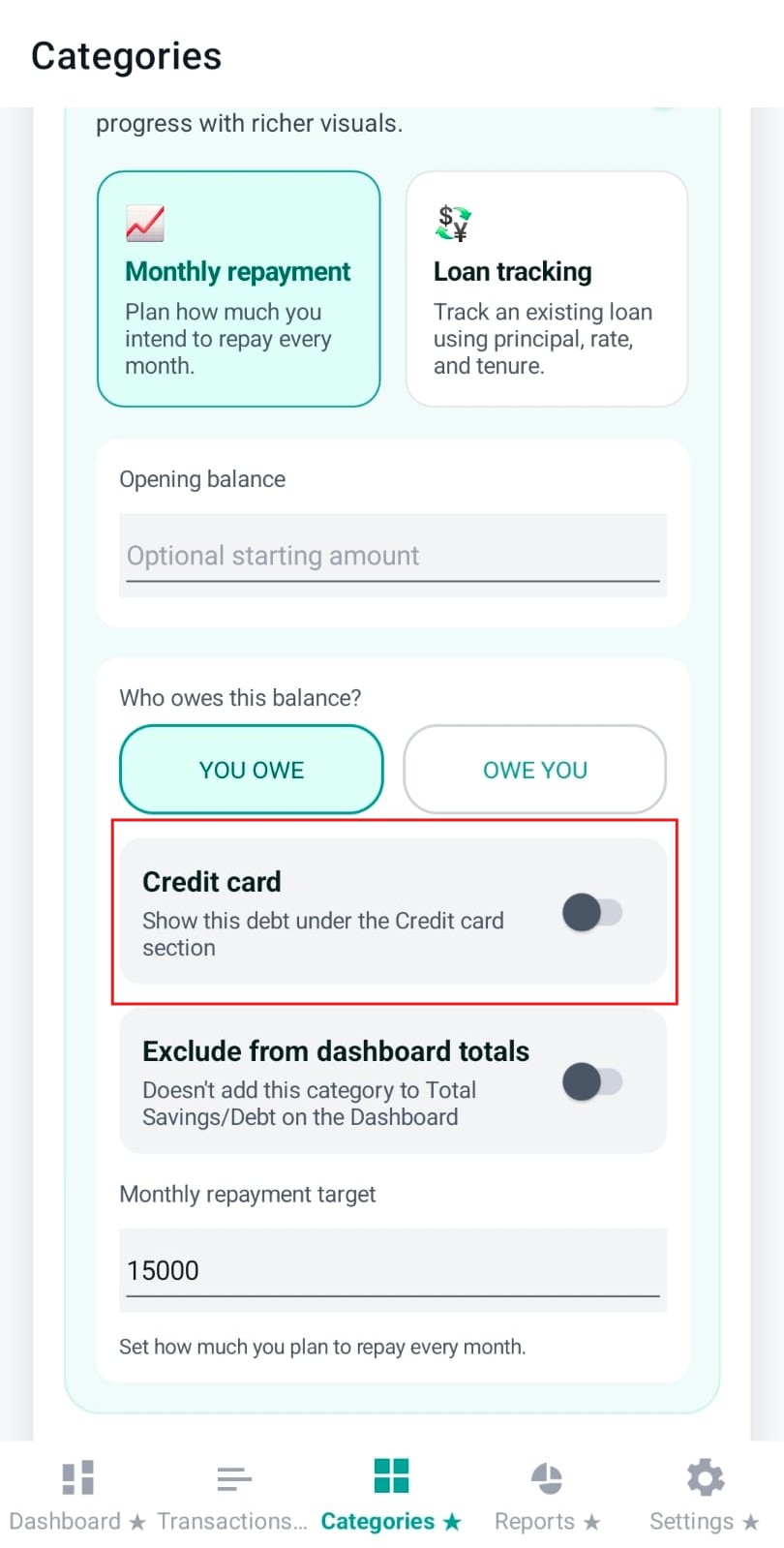 Credit card toggle for debt categories