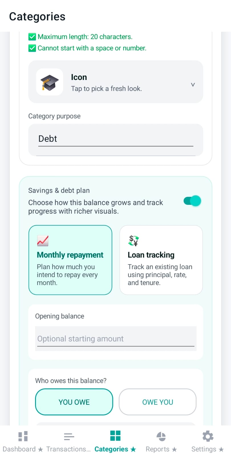 Debt direction selector: You owe vs Owe you