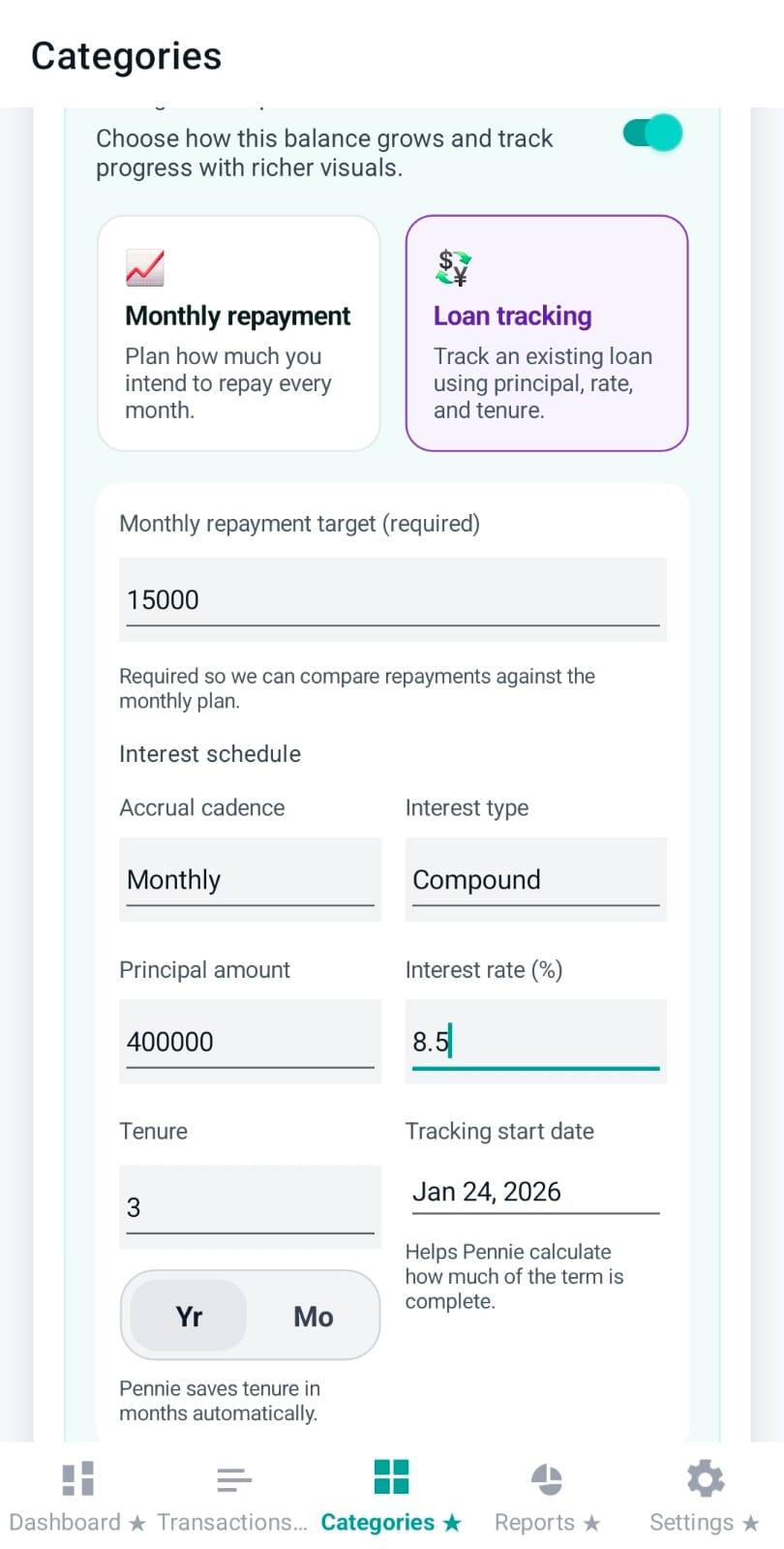 Debt interest deposit mode fields and validations