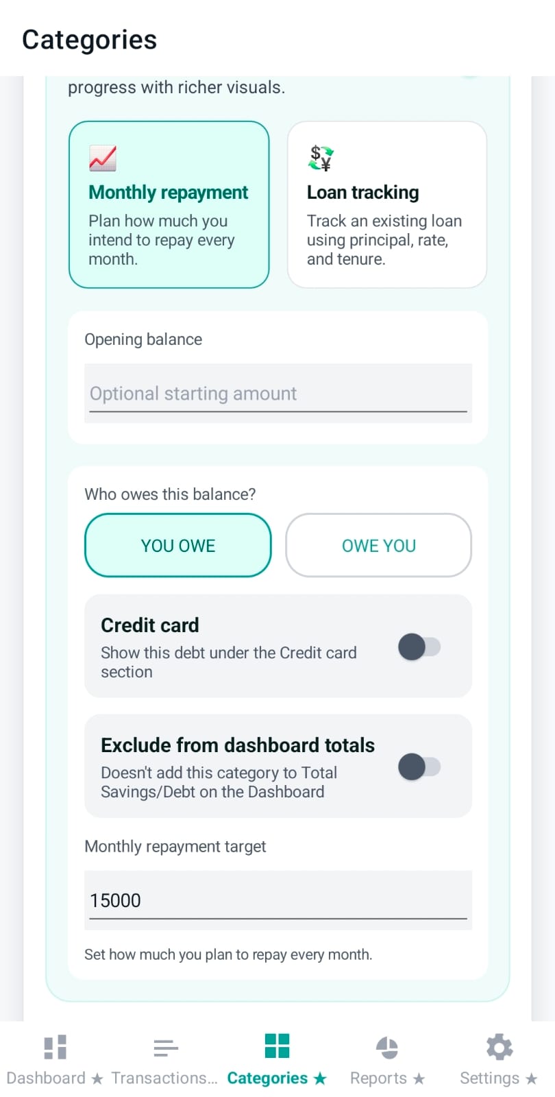 Debt monthly plan fields including opening balance and monthly target