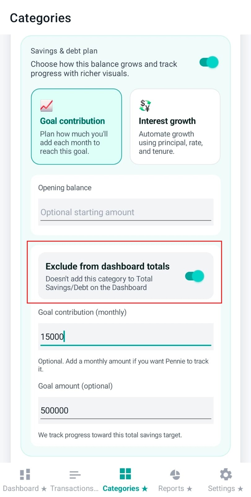 Exclude from dashboard totals toggle