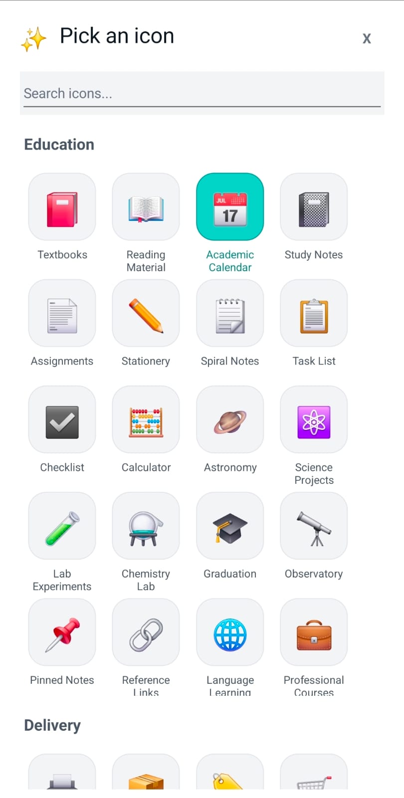 Icon picker popup for selecting an emoji/icon
