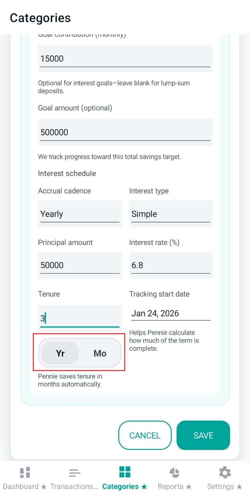Tenure unit toggle between years and months