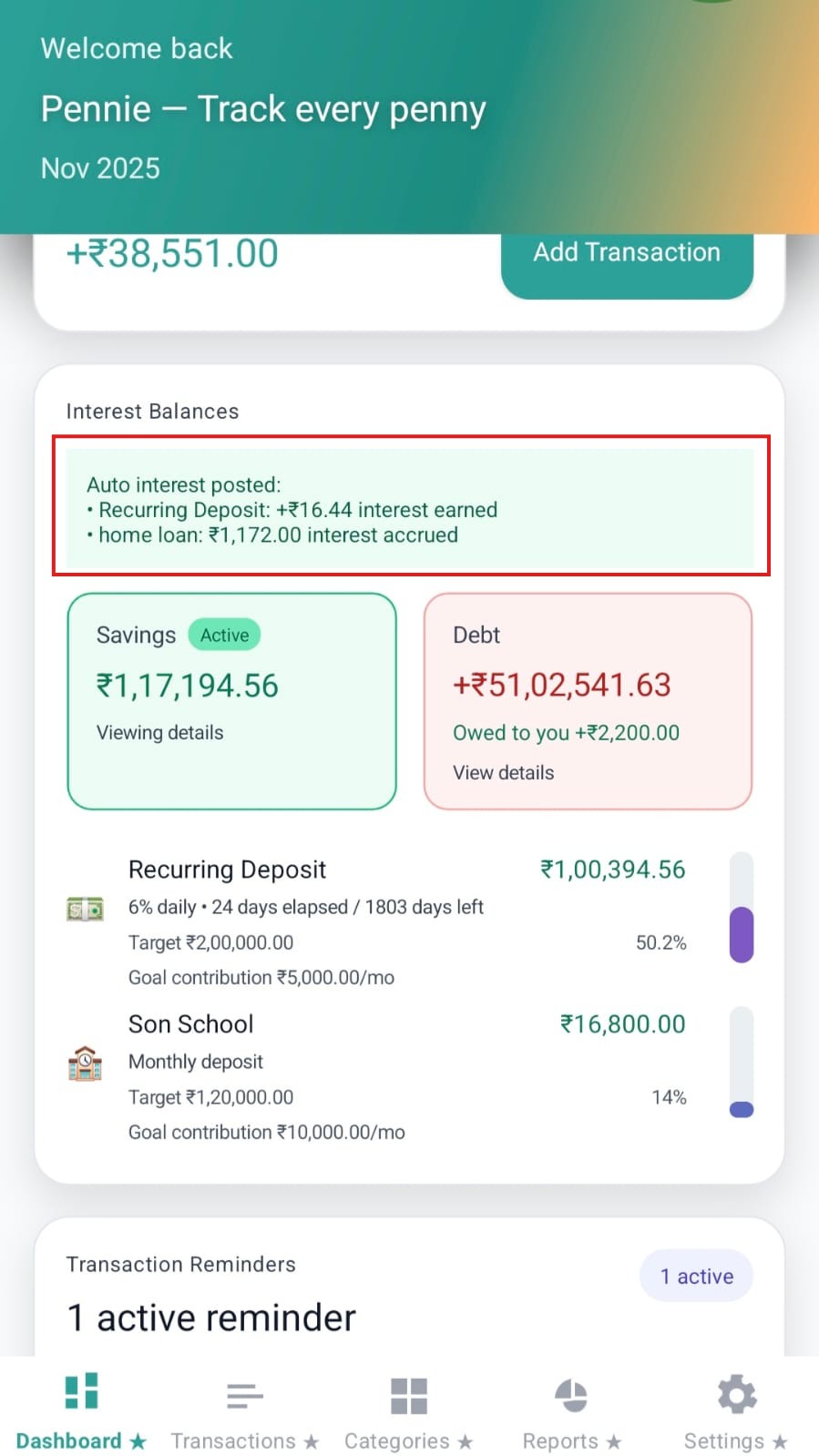 Interest balances card