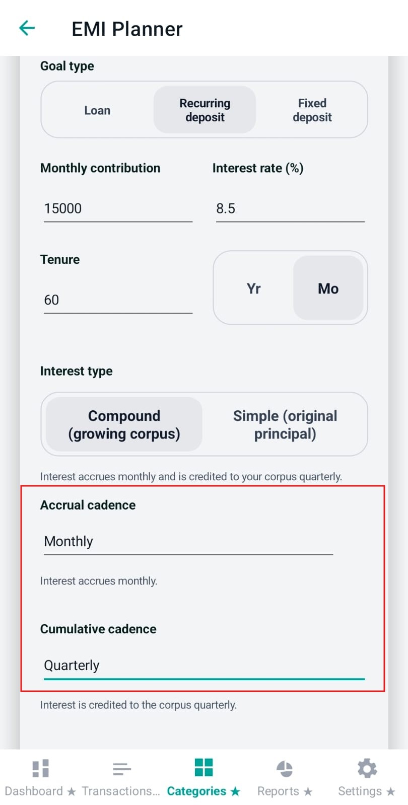 Accrual cadence picker