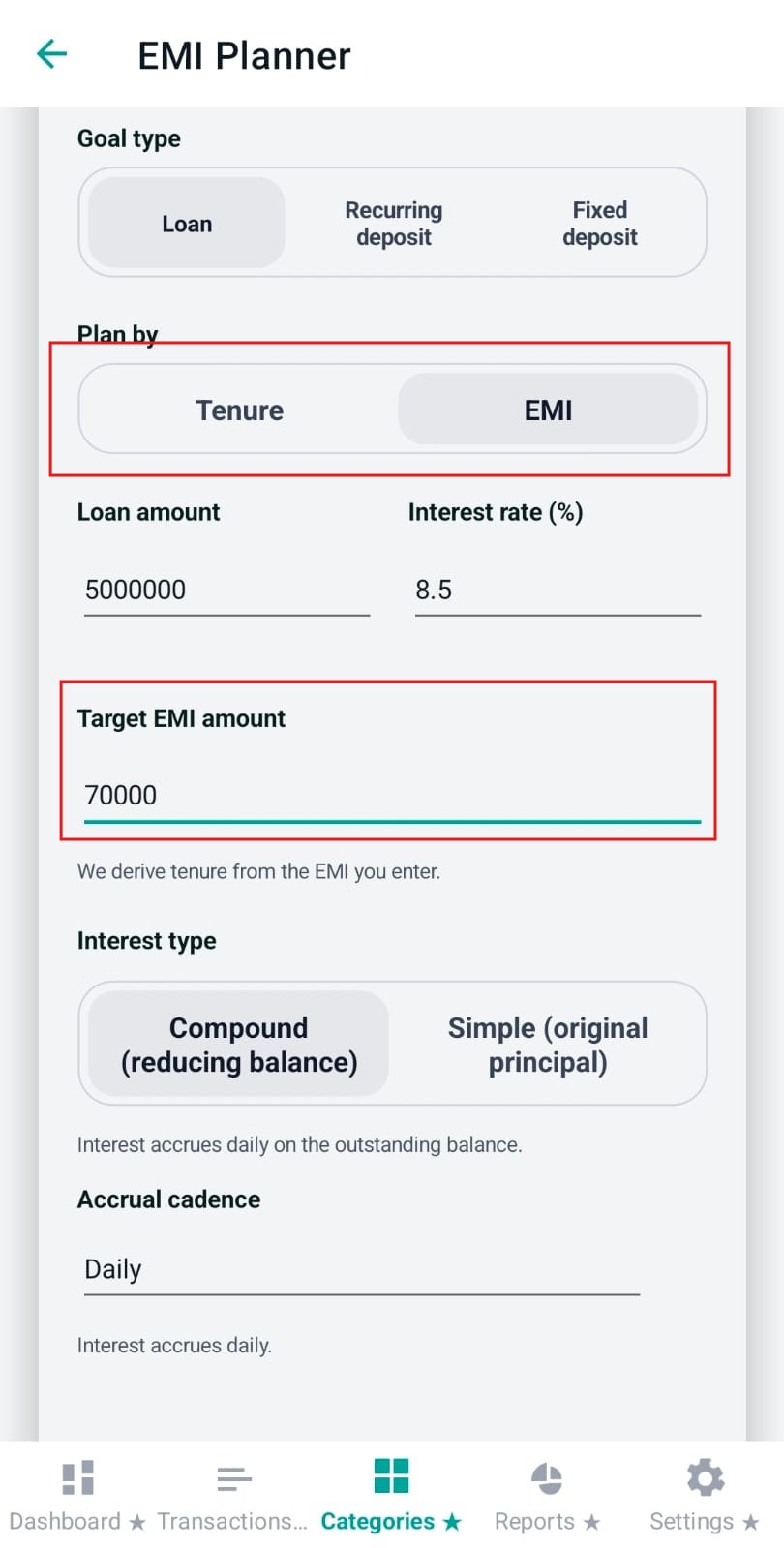 EMI amount entry with helper text