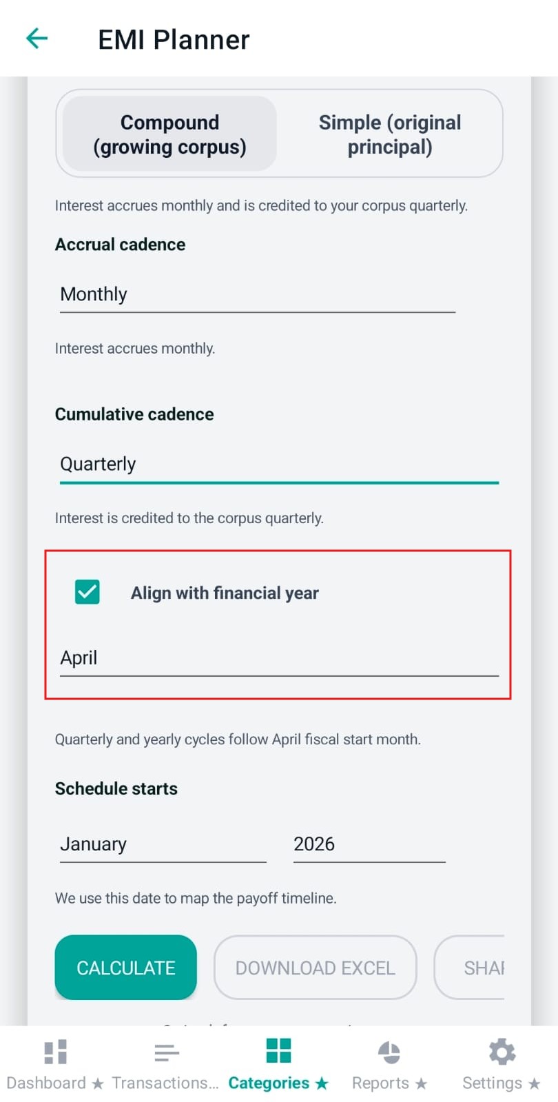 Fiscal alignment toggle and fiscal start month picker