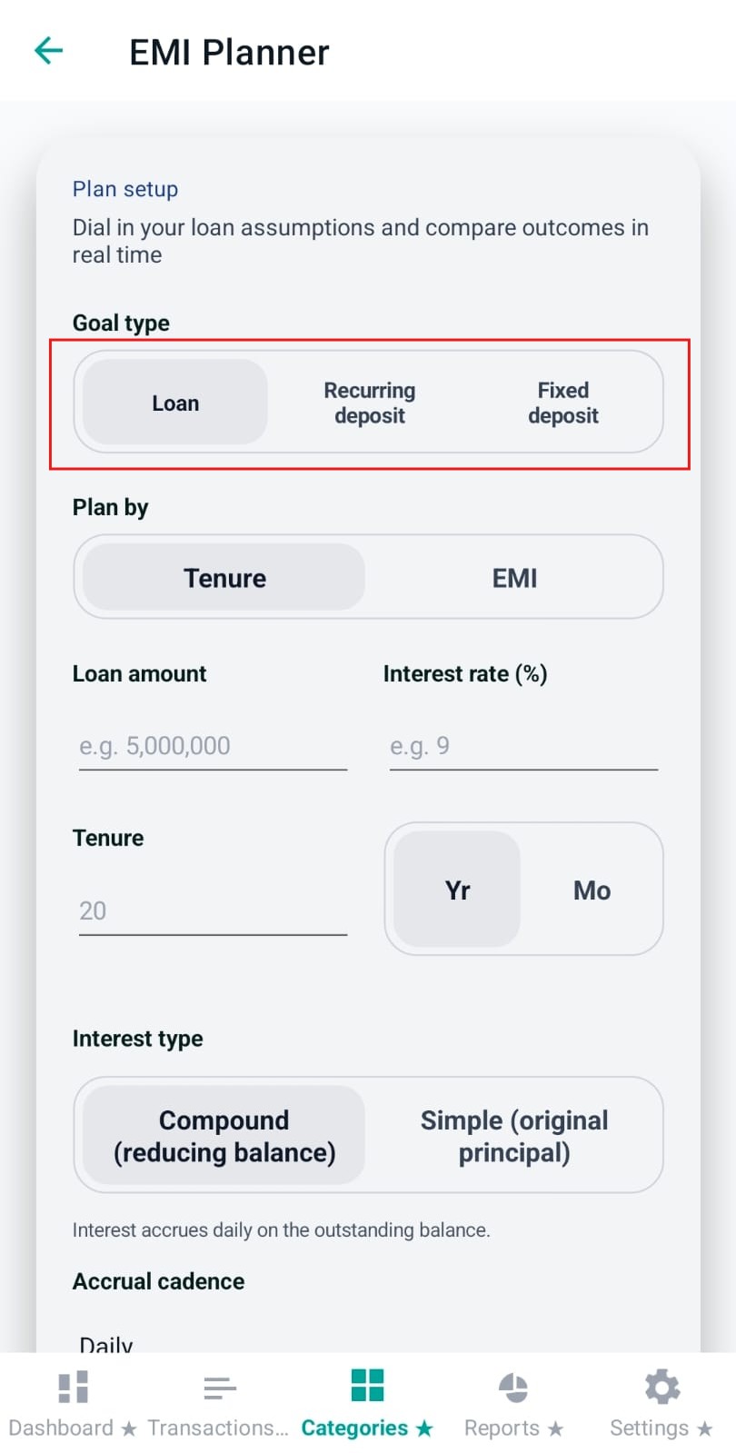 Goal type toggle: Loan, Recurring deposit, Fixed deposit