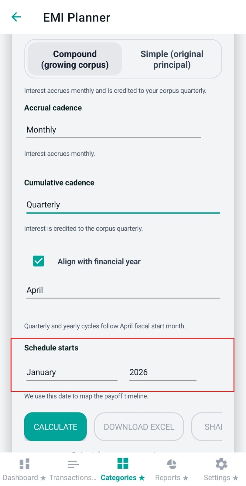 Schedule start month/year pickers