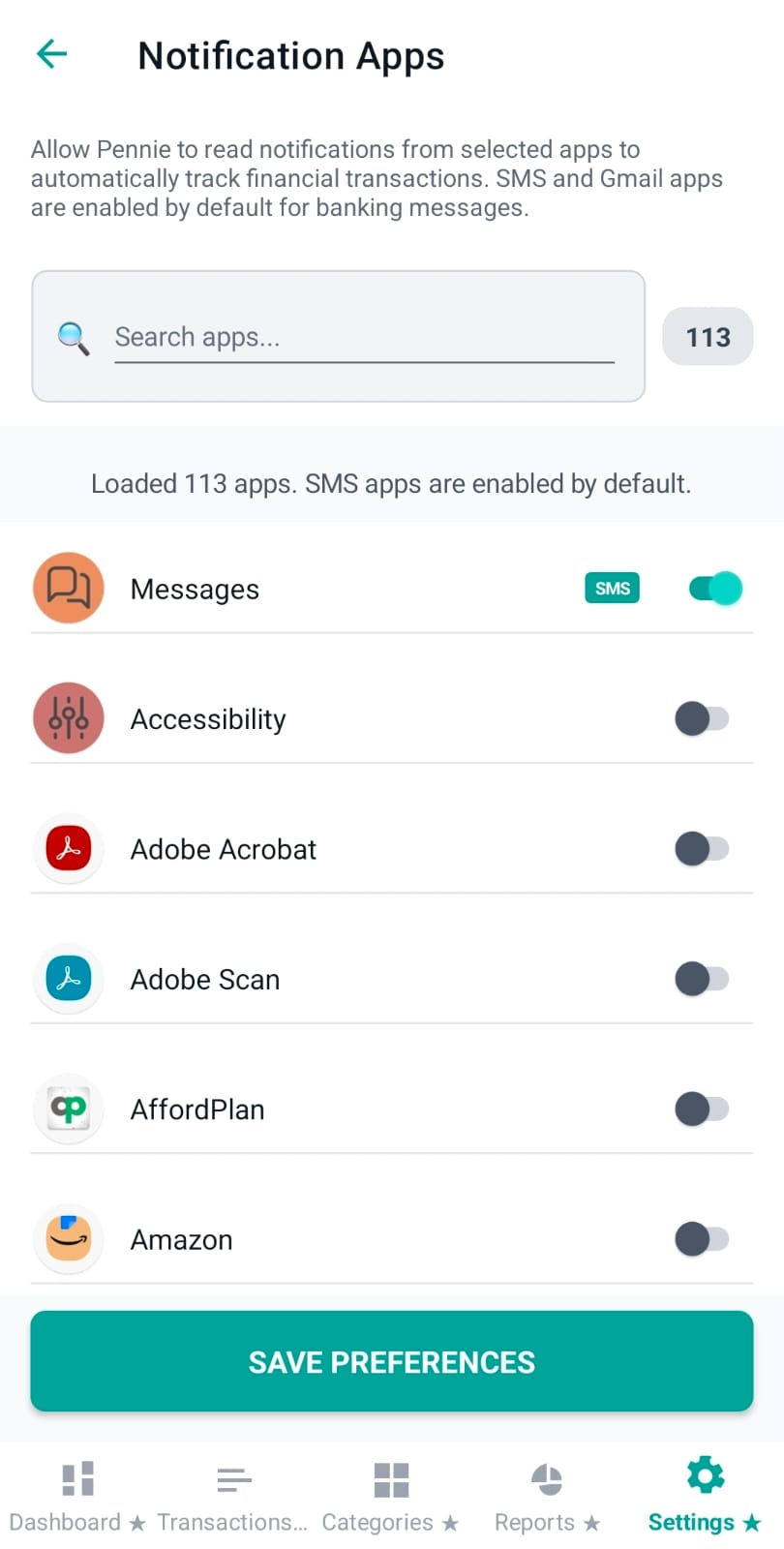 Notification Apps header and search bar