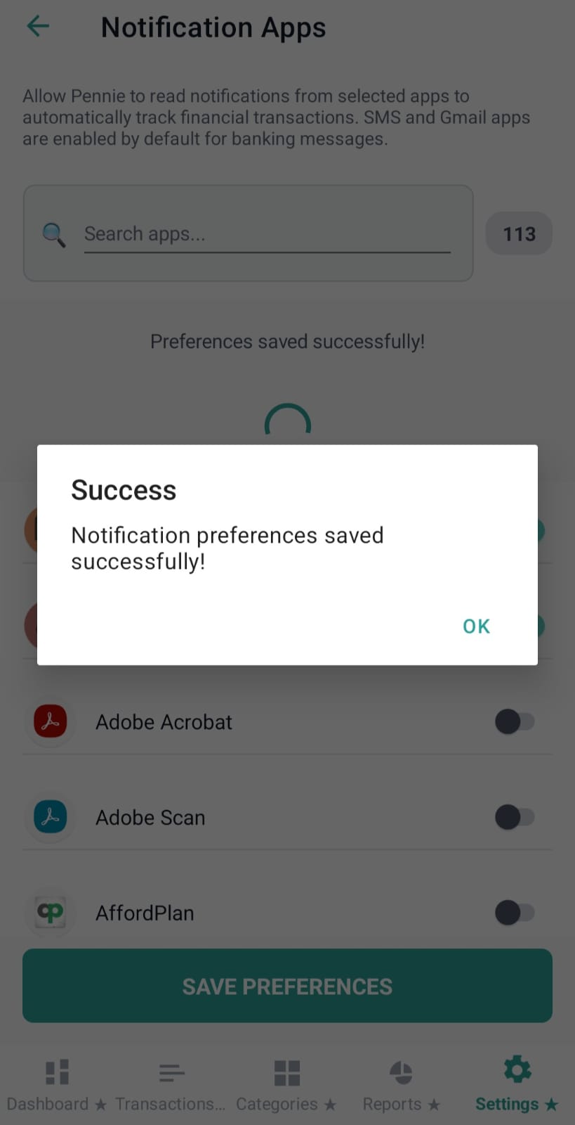 Save preferences success dialog