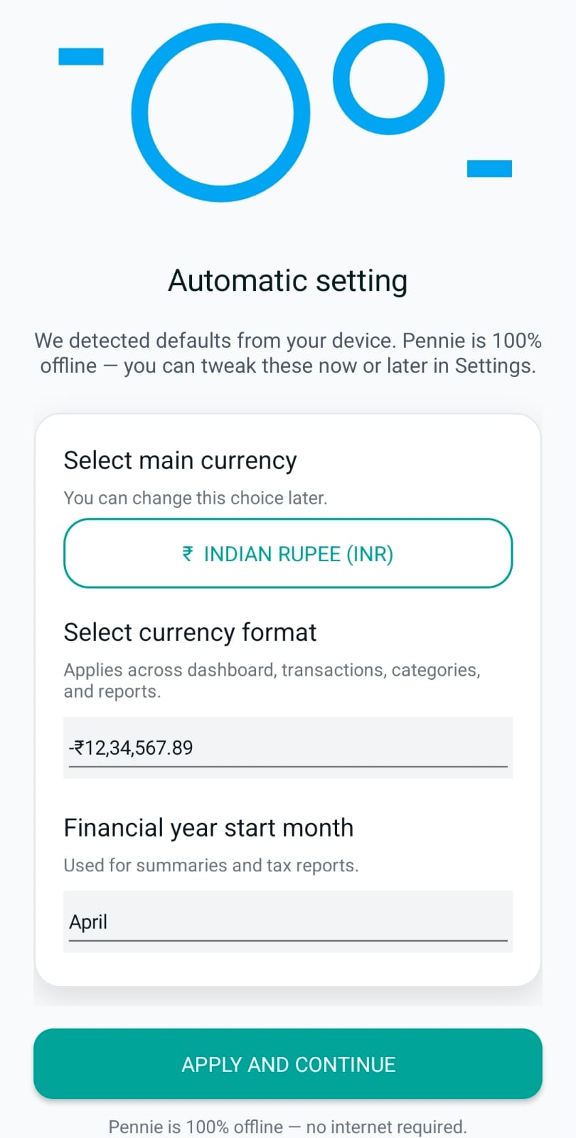 Currency setup screen