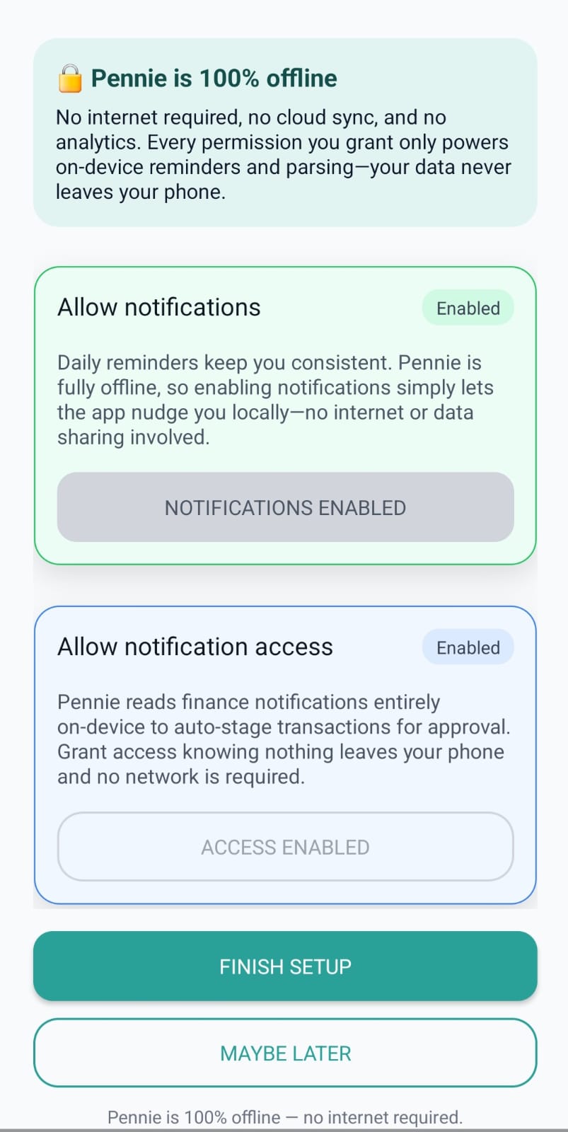 Finish setup button state