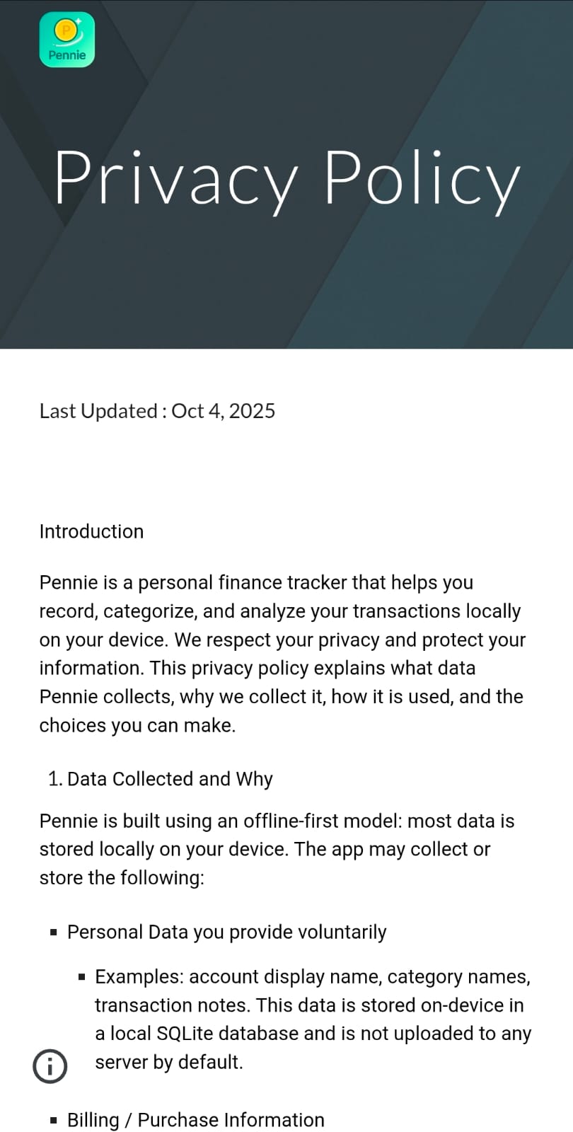 Privacy policy page shown in browser