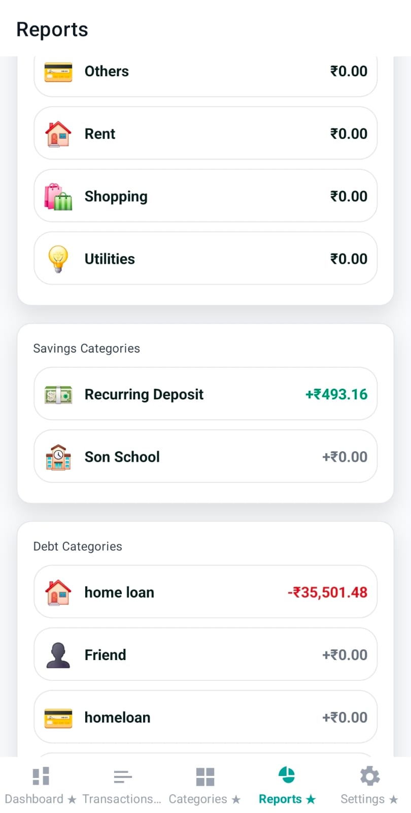Top categories list in Reports summary