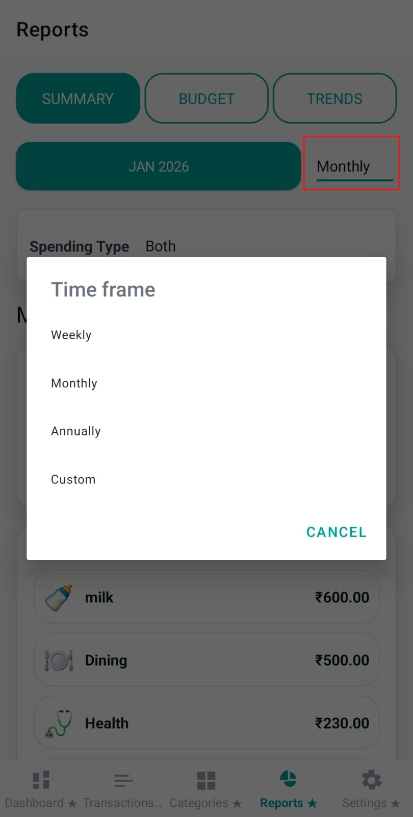 Reports time frame selector