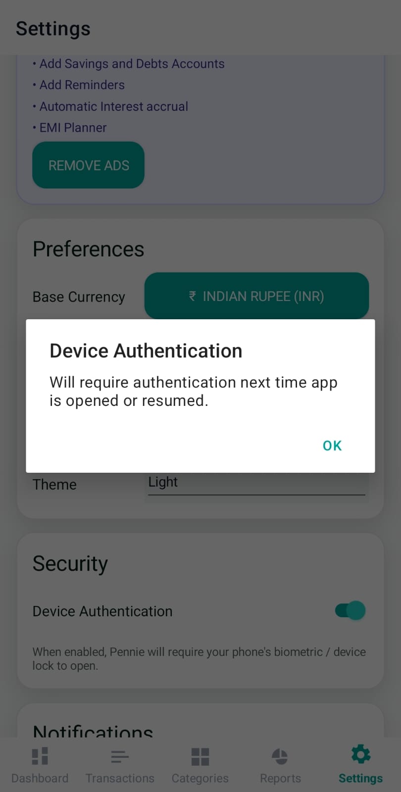 Device authentication toggle