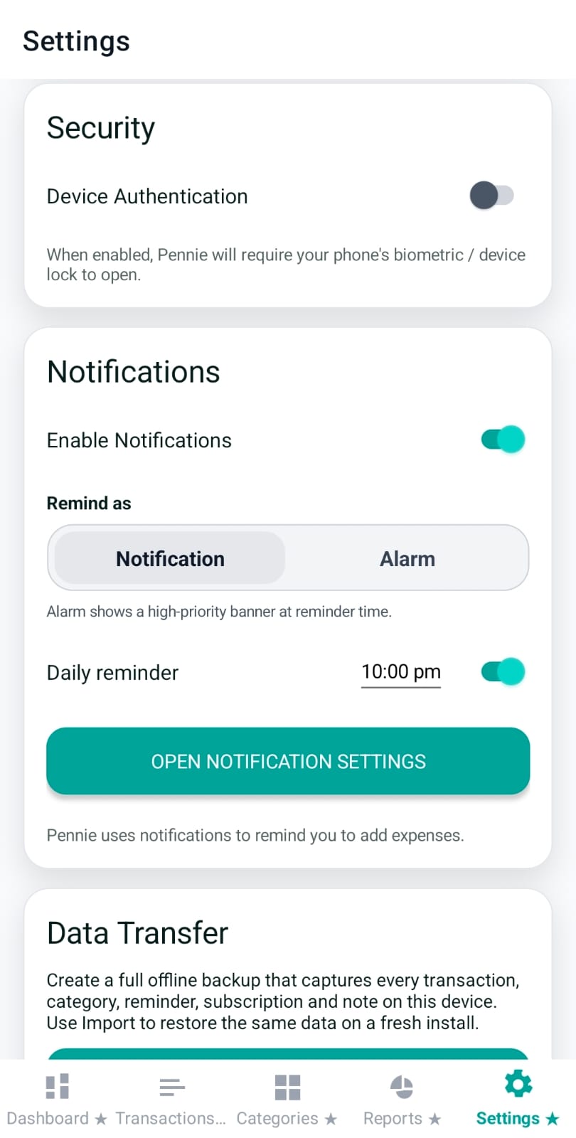 Notifications card including remind-as and daily reminder