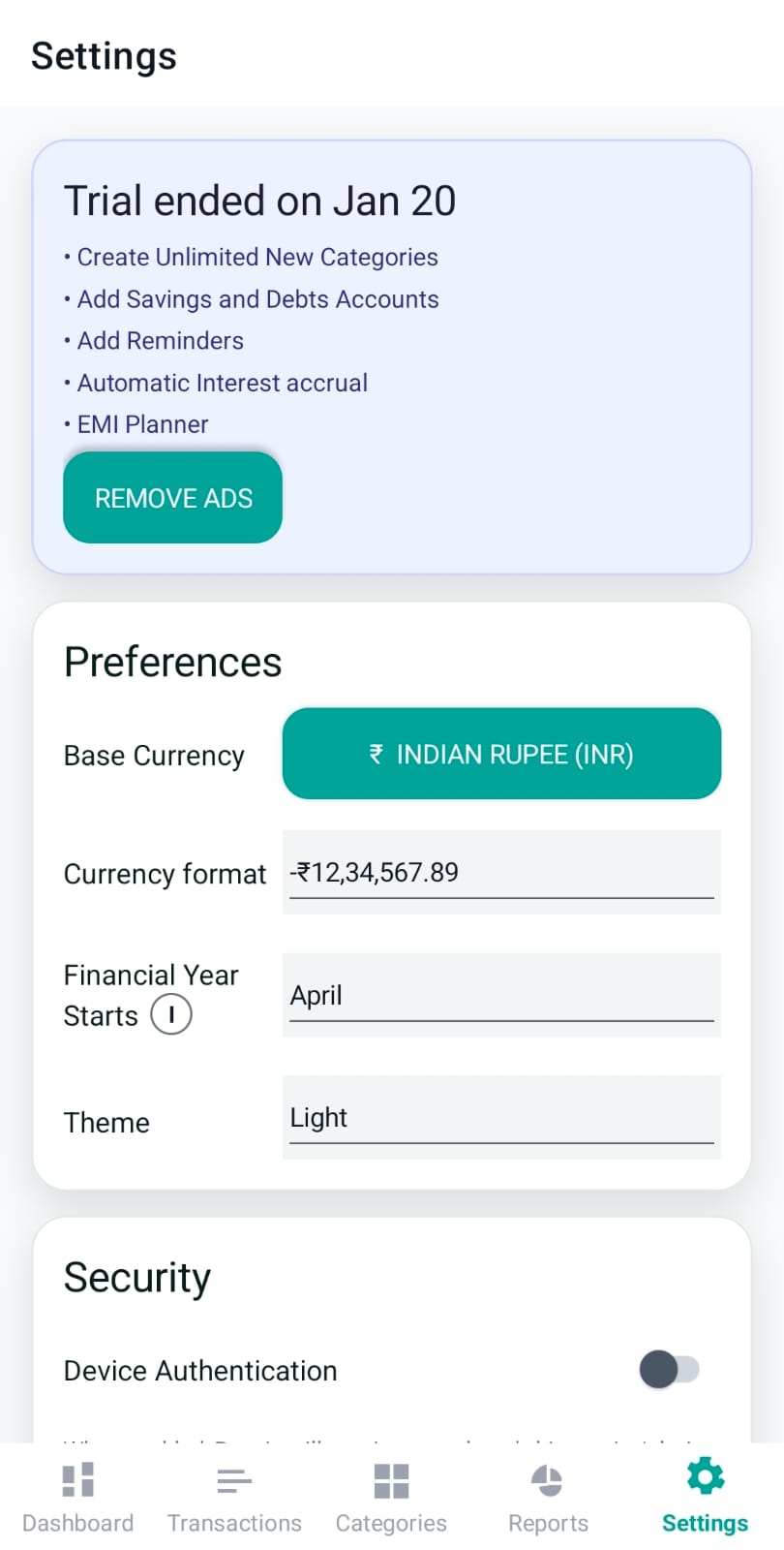 Trial / premium banner on Settings