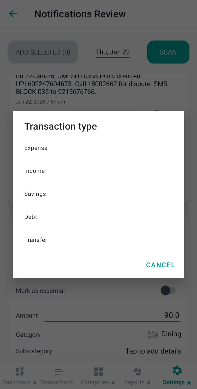 Transaction type action sheet