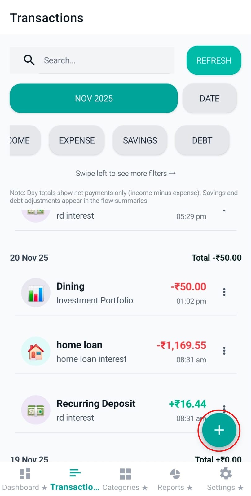 Floating add transaction button on Transactions page