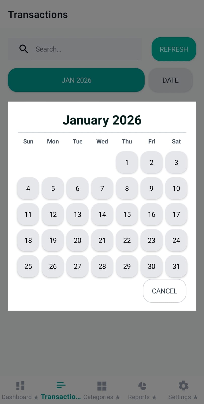 Day picker and active day chip on Transactions page