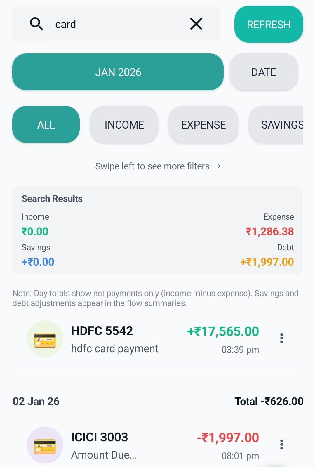 Transactions page search bar and refresh button